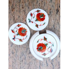 Marble Inlay Round Coaster Set with Holder