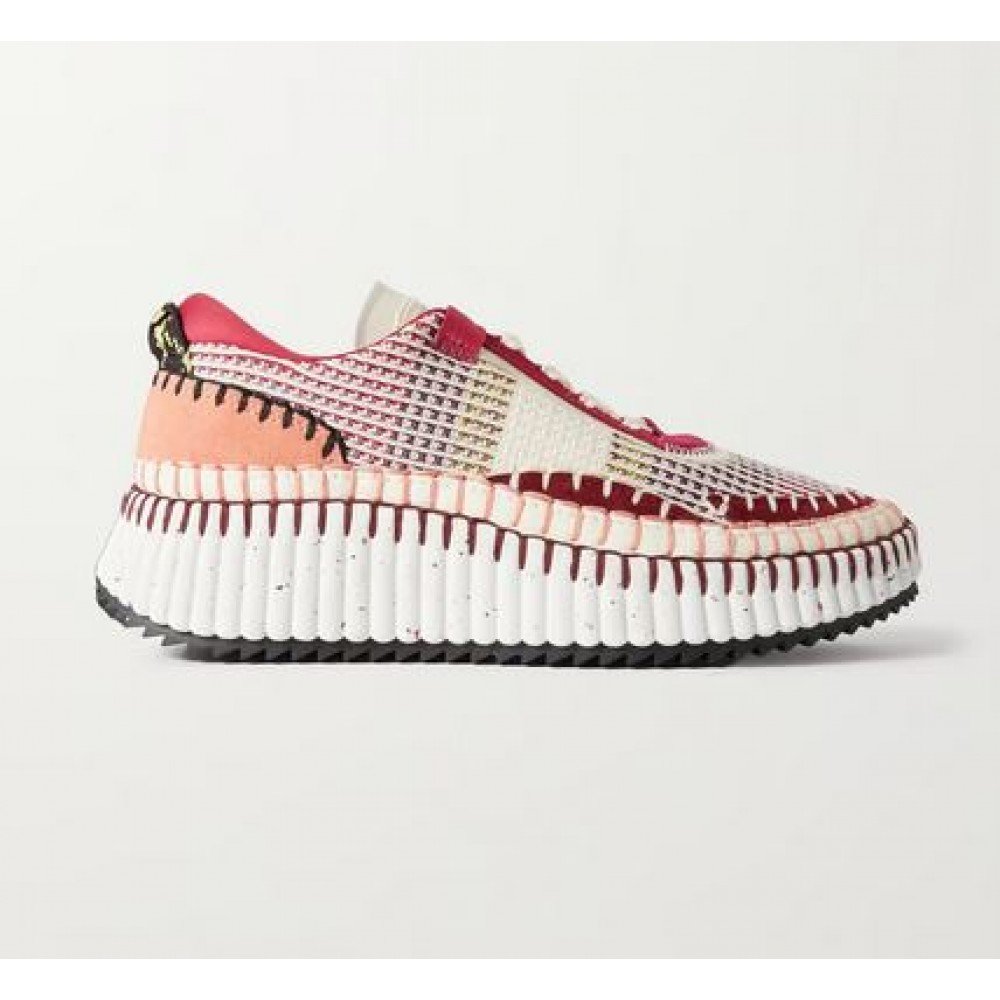 CHLOÉ + NET SUSTAIN Nama embroidered suede and recycled-mesh sneakers