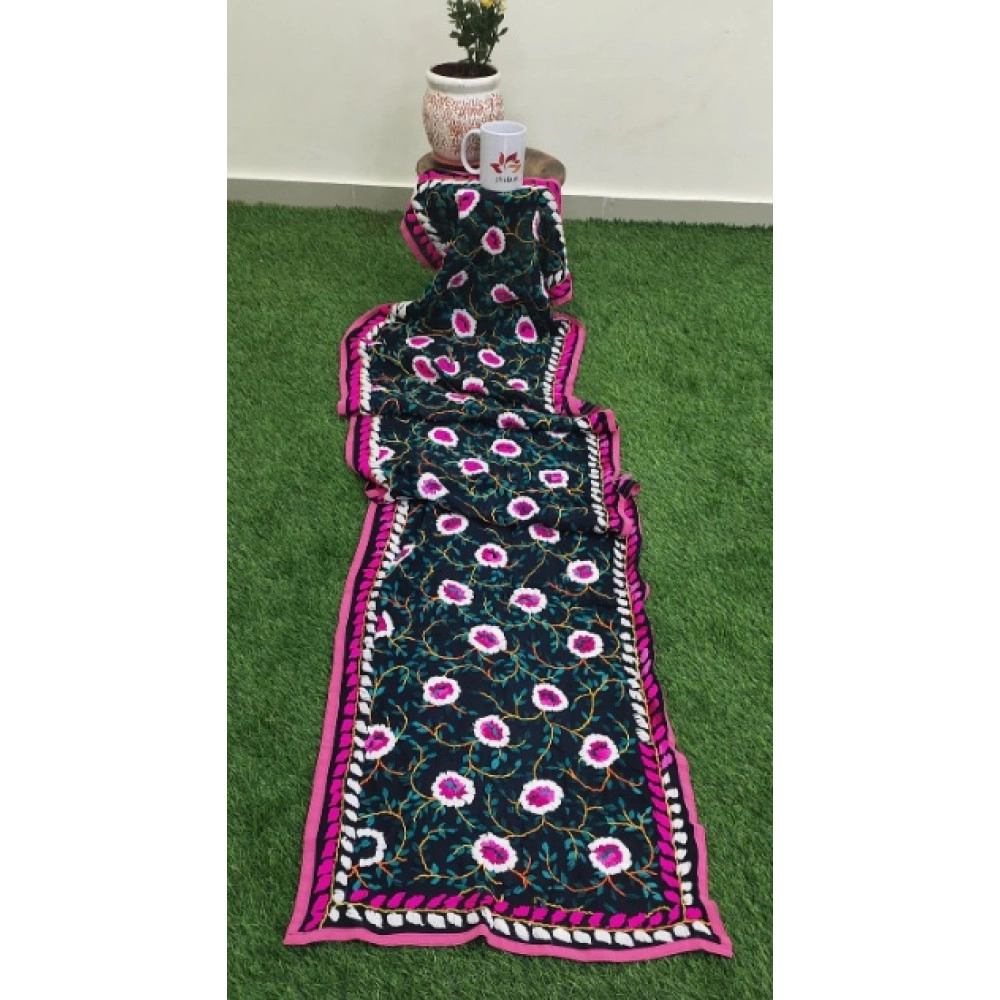 Georgette Hand-embroidered Stole - Black (Flowers)