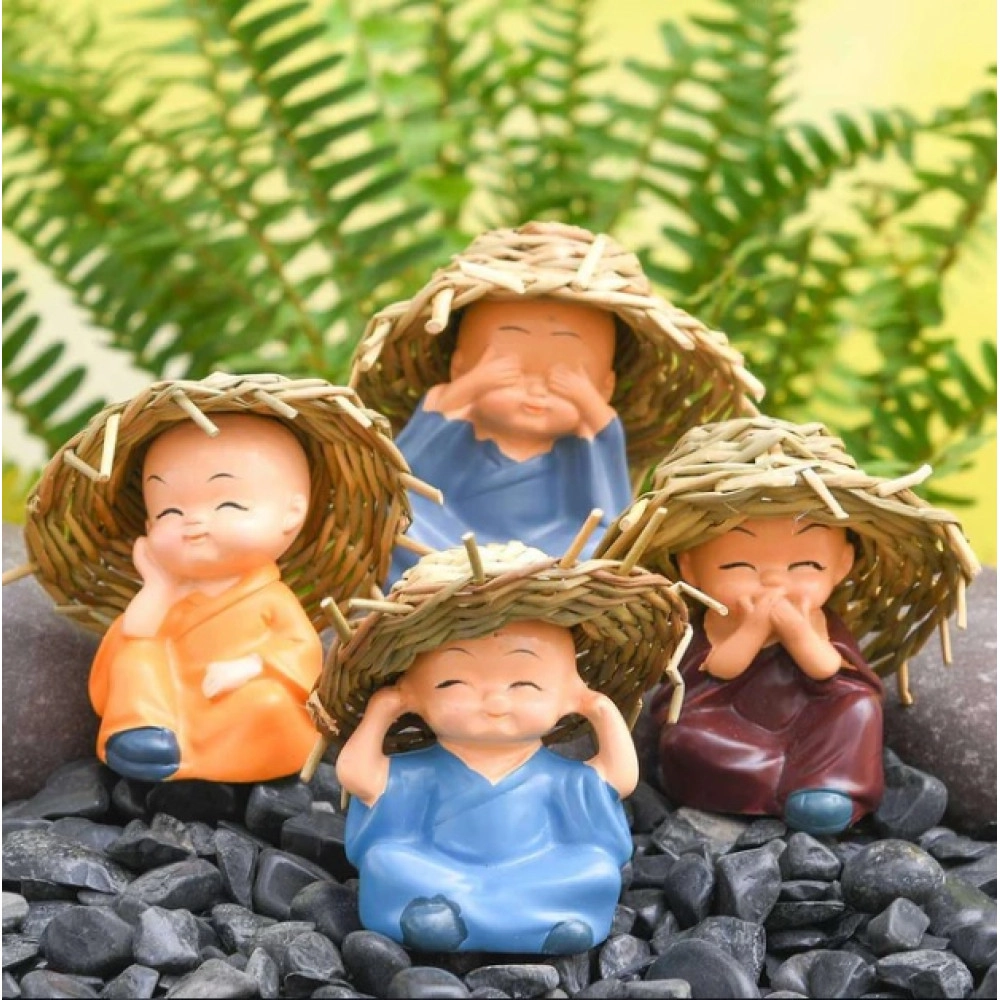 Cute monks plastic miniature garden toys (Big, Hay Hat, Matt Finish) - 4 pieces
