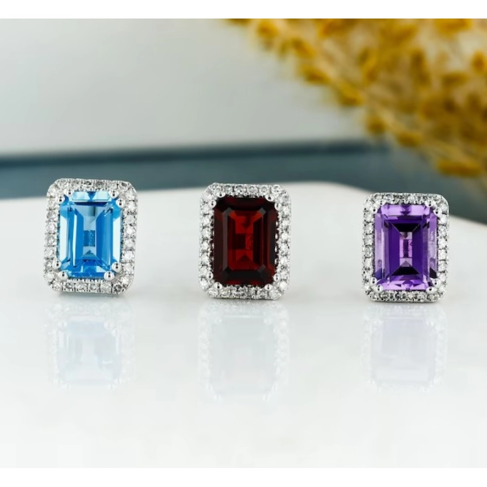 Diamond Halo earrings, Emerald Cut Blue Topaz / Garnet / Amethyst Studs
