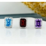 Diamond Halo earrings, Emerald Cut Blue Topaz / Garnet / Amethyst Studs