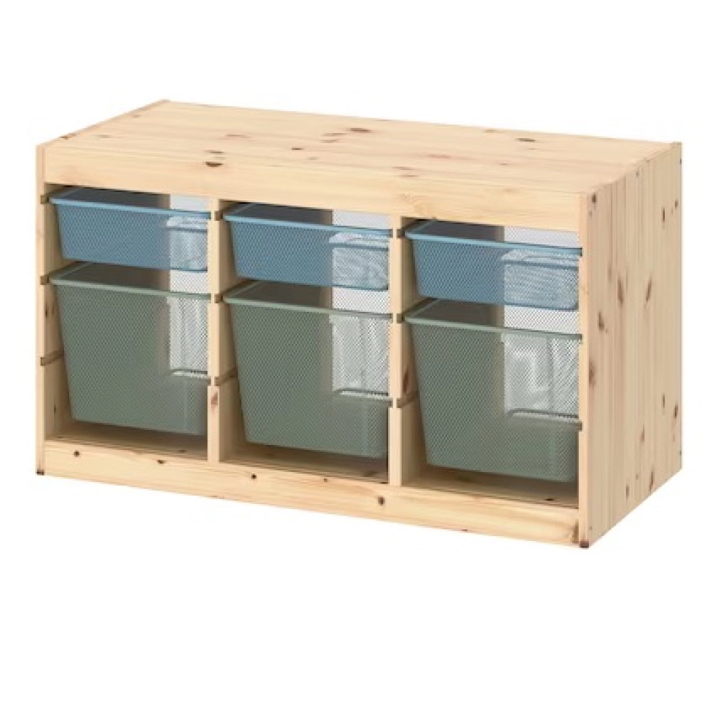 TROFAST Storage combination with boxes, light white stained pine grey-blue/light green-grey, 