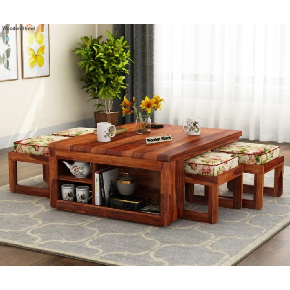Vesta Sheesham Wood Coffee Table with Four Stools