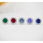 Diamond Earrings, Bordered Round Tanzanite / Sapphire / Emerald / Ruby /Aquamarine Studs