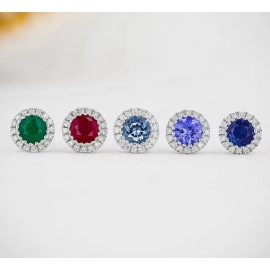 Diamond Earrings, Bordered Round Tanzanite / Sapphire / Emerald / Ruby /Aquamarine Studs