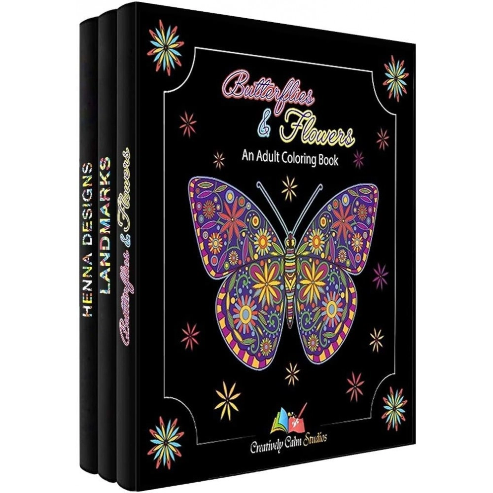 Adult Coloring Books Set 3 Pack – Landmarks, Henna, Butterflies and Flowers
