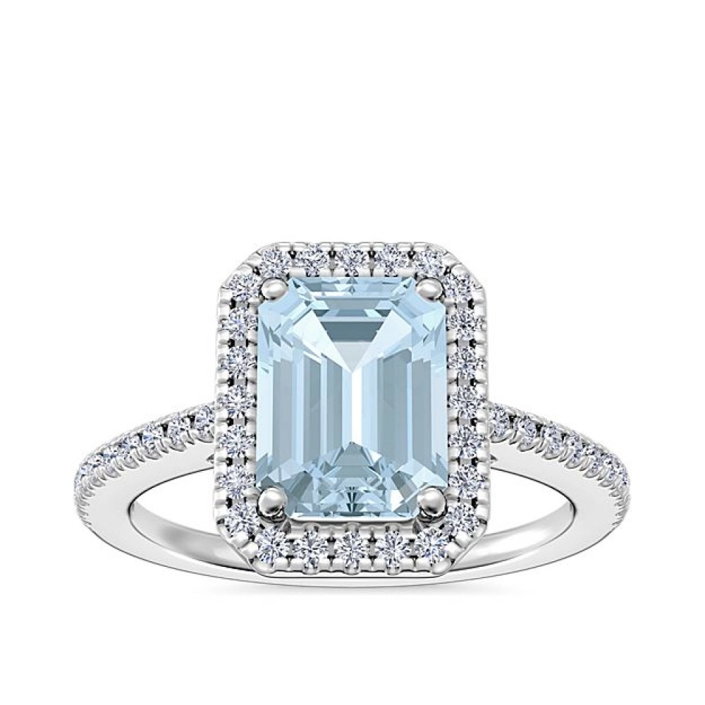 Classic Halo Diamond Engagement Ring With Emerald-Cut Aquamarine In 14k White Gold (8x6mm)