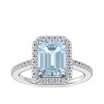 Classic Halo Diamond Engagement Ring With Emerald-Cut Aquamarine In 14k White Gold (8x6mm)