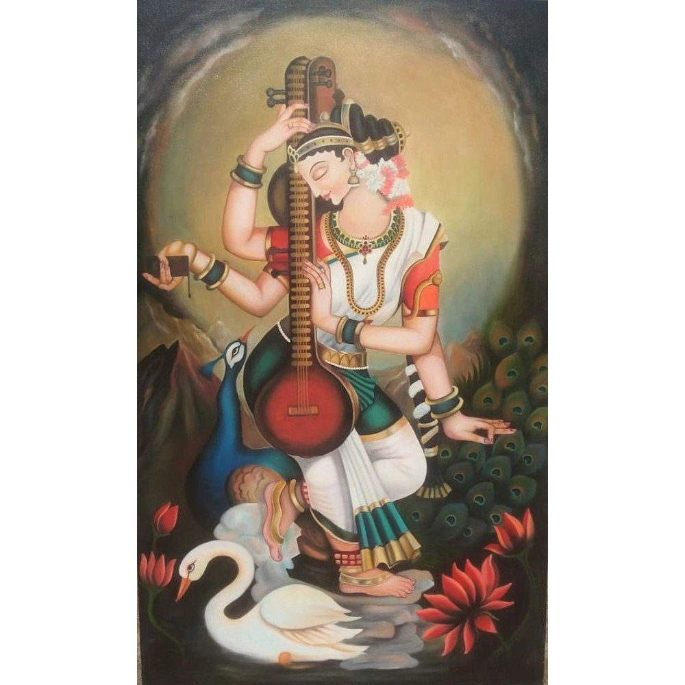 Goddess Saraswati Hand Painted Painting 