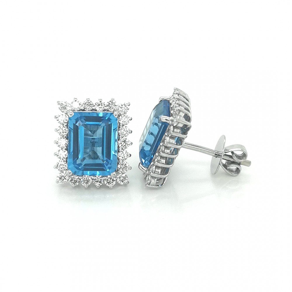 BLUE TOPAZ AND DIAMOND STUD EARRINGS IN 18K WHITE GOLD