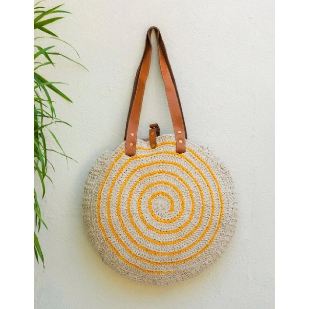 Handknotted Crochet Tote Bag - Round, White & Yellow