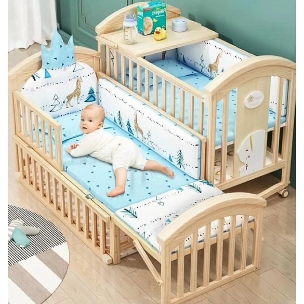 Pinewood Baby Bed Crib 12 in 1 Rocking Cot- with Mosquito Net & Adjustable Stand