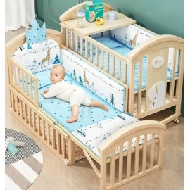 Pinewood Baby Bed Crib 12 in 1 Rocking Cot- with Mosquito Net & Adjustable Stand