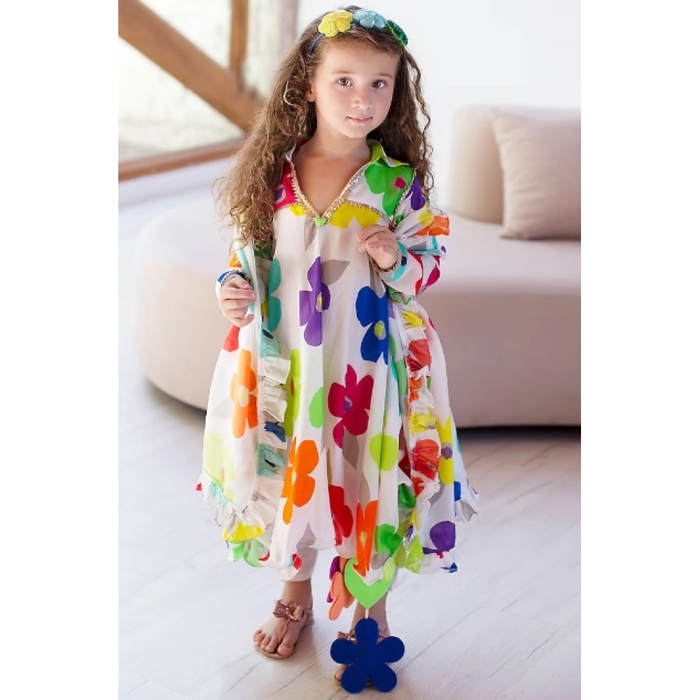 Anaario Multi-Colored Cotton & Cotton Silk Printed Anarkali Set For Girls