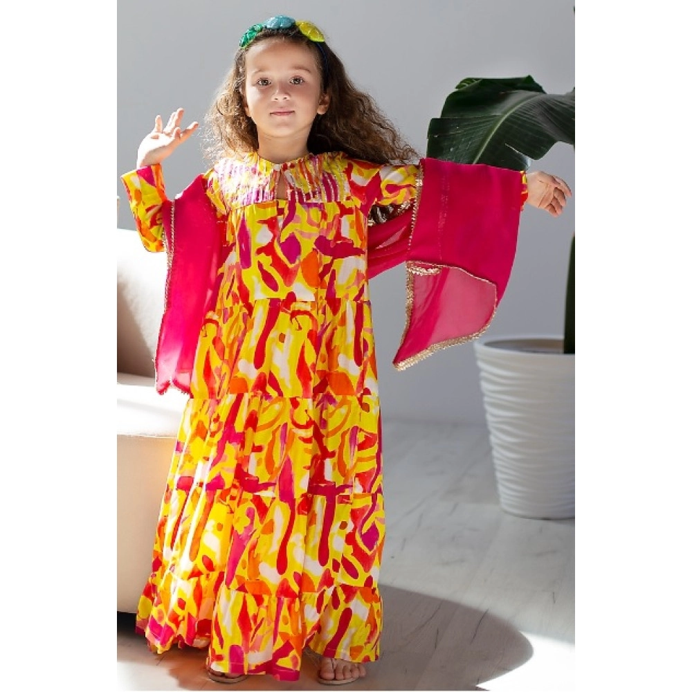 Anaario Yellow Cotton & Cotton Silk Printed Anarkali Set For Girls