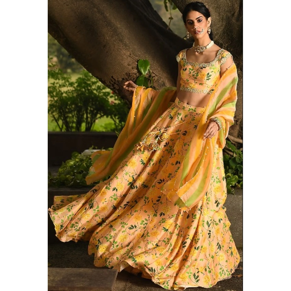 Neha Chopra Tandon Butter Yellow Floral Printed Lehenga Set