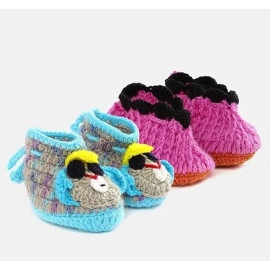 MayRa Knits Pack of 2 Hand Knitted Animal & Lace Design Booties - Blue & Pink