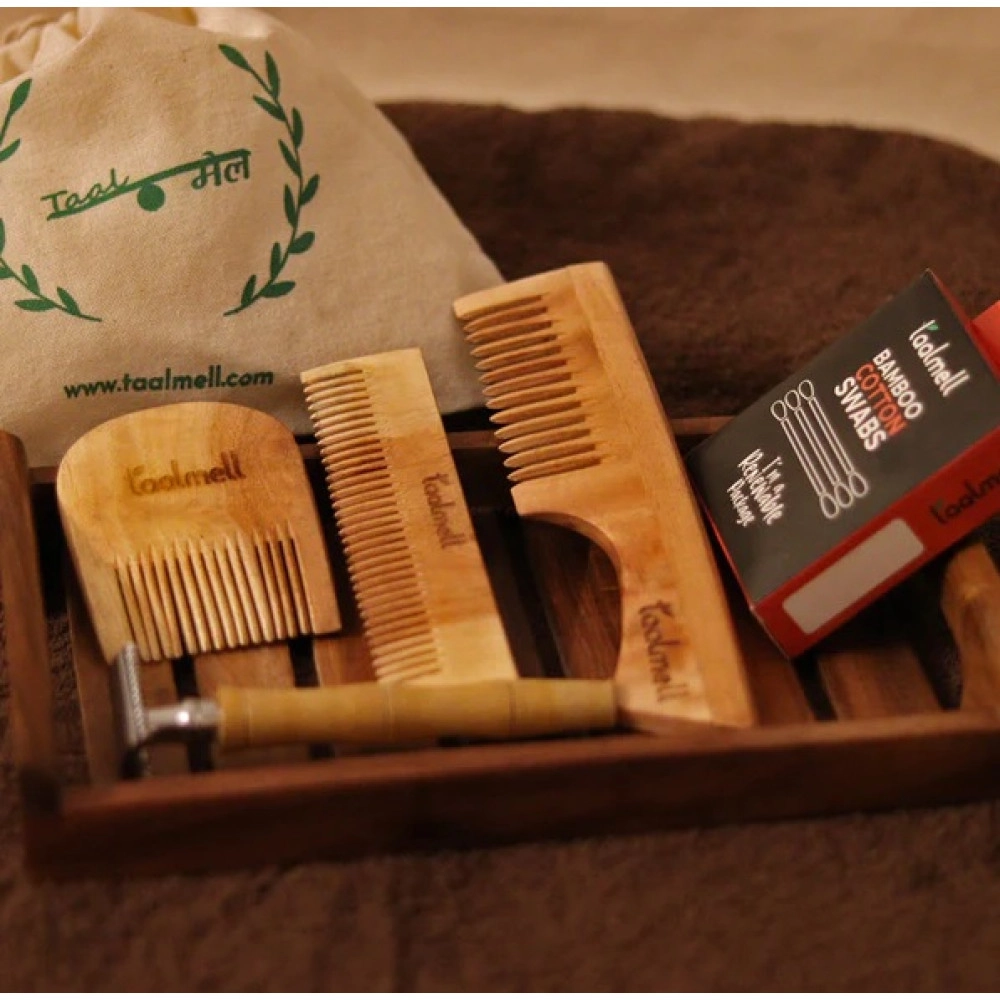 Men's Grooming Kit | Beige Neem Wood | Set of 6