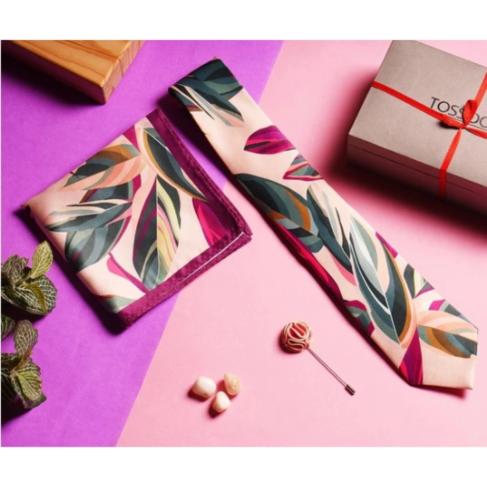 Pink Floral Necktie, Pocket Square & Brooch Giftset