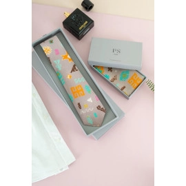 PS Men Lavender Orange Bandhani Kilim Print Crepe Tie With Matching Silkmul Pocket Square (Set Of 2)