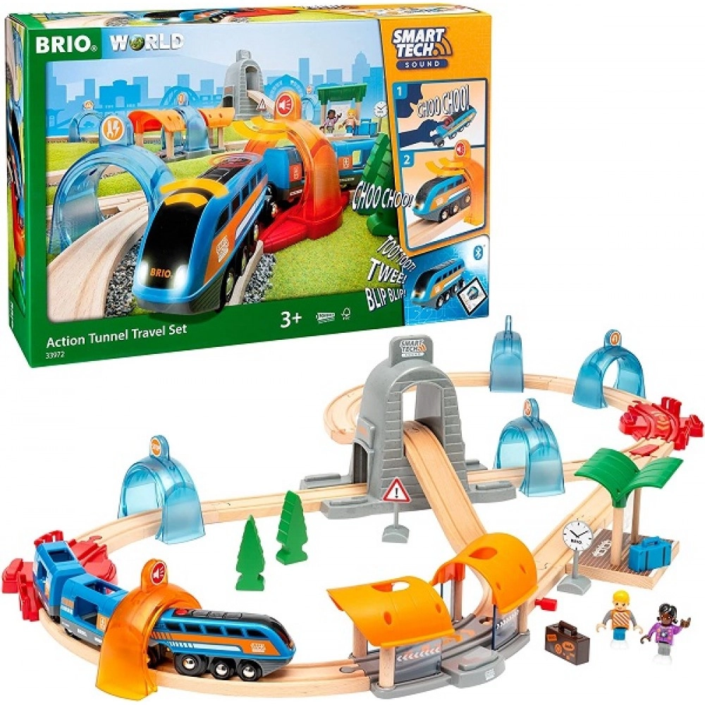 BRIO 33972 Smart Tech Sound Action Tunnel Travel Set | Wooden Toy Train Set for Kids Age 3 and Up 